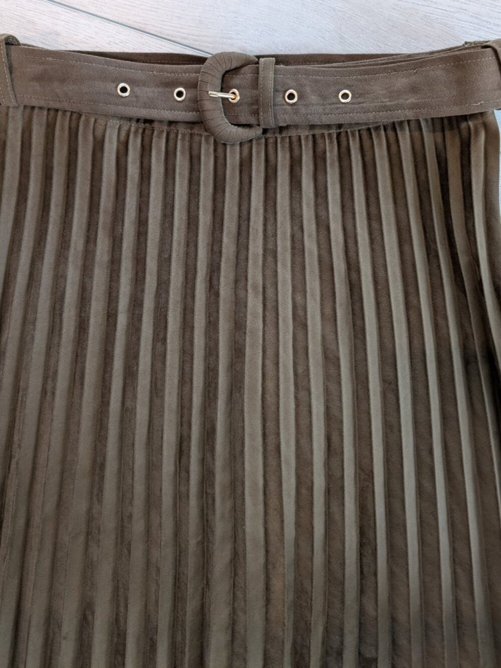 ZARA Faux Suede Pleated Belted Maxi Skirt Dark Olive Size M - Picture 5 of 13